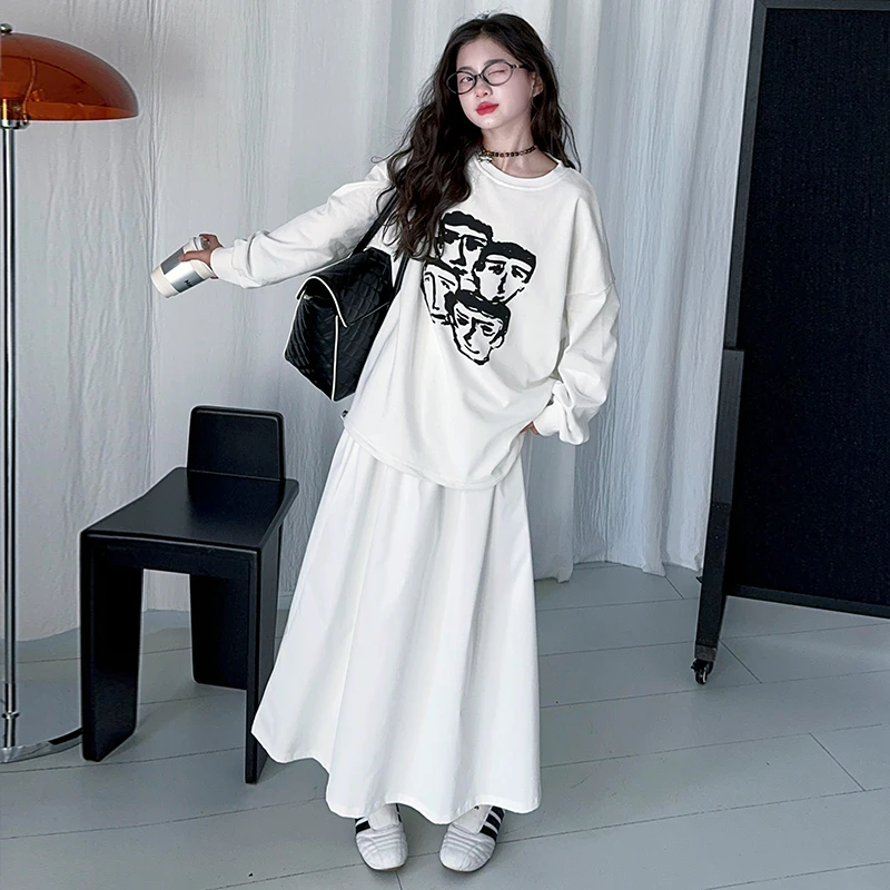 女童春休闲宽松素描长袖上衣T恤卫衣慵懒风大裙摆时尚潮流A字半裙