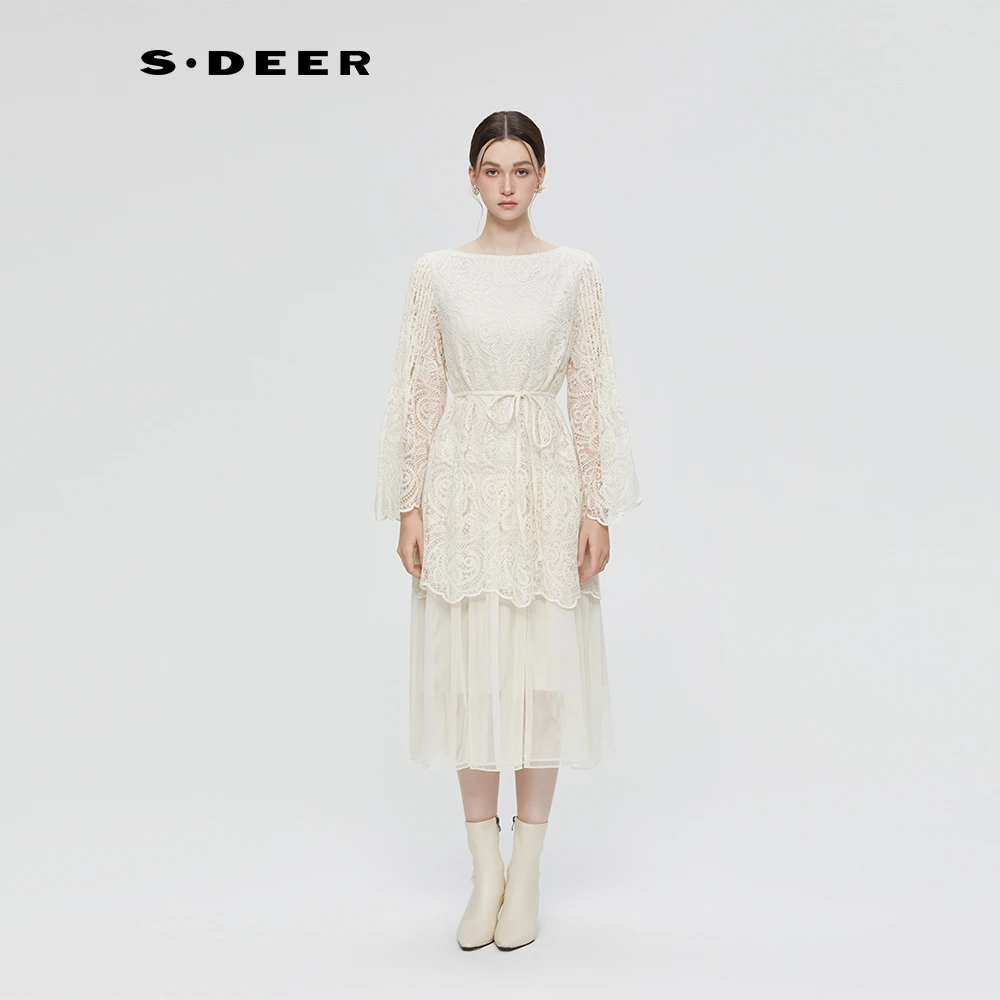 S·DEER圣迪奥女装秋季镂空气质时尚轻奢长袖拼接网纱收腰连衣裙