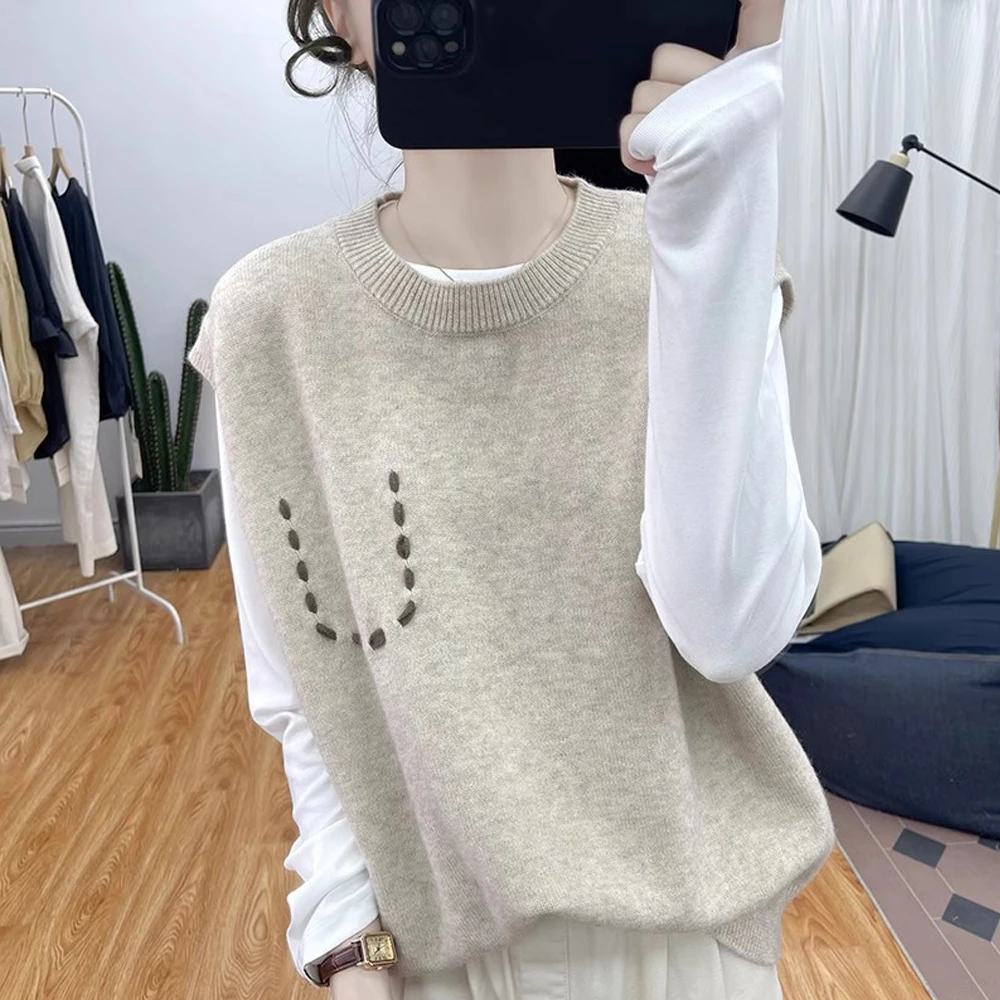 秋冬新款宽松圆领无袖套头针织显瘦假口袋休闲复古基础款背心马甲