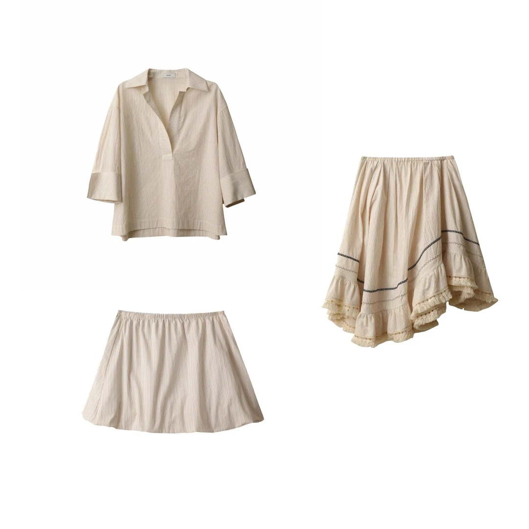 ICE  设计师品牌 25新品彩条不对称流苏半裙/短半裙/V领衬衫