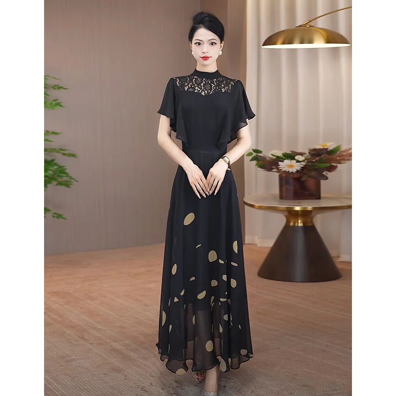 波点连衣裙女2025夏季新款修身显瘦气质高贵裙子黑色收腰优雅长裙