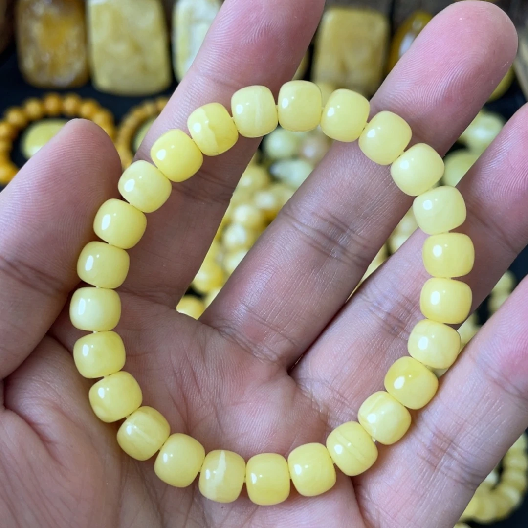 琥珀未镶嵌手串8+俄料浓蜡黄白花精工老型手串