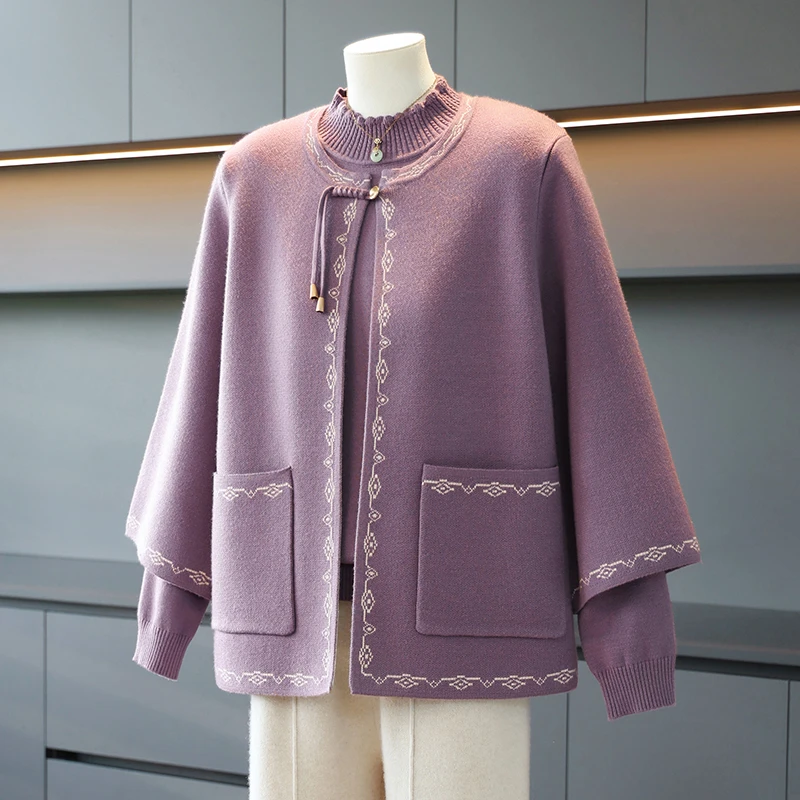 妈妈秋冬半高领针织两件套气质中年女宽松毛衣套装洋气打底衫外套