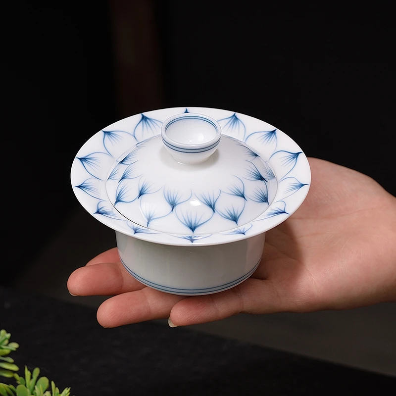 莲花盖碗大师纯手绘羊脂玉两才盖碗家用陶瓷泡茶沏茶冲茶器荷花