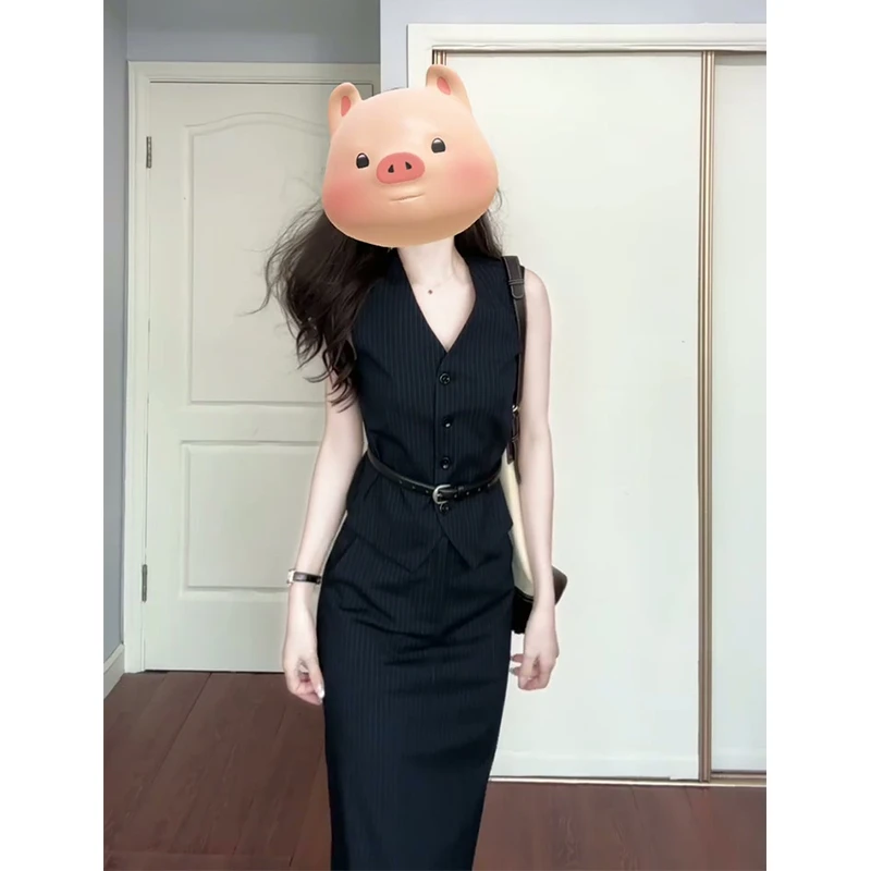 2025夏季新款女法式气质条纹无袖V领马甲上衣百搭高腰显瘦半身裙