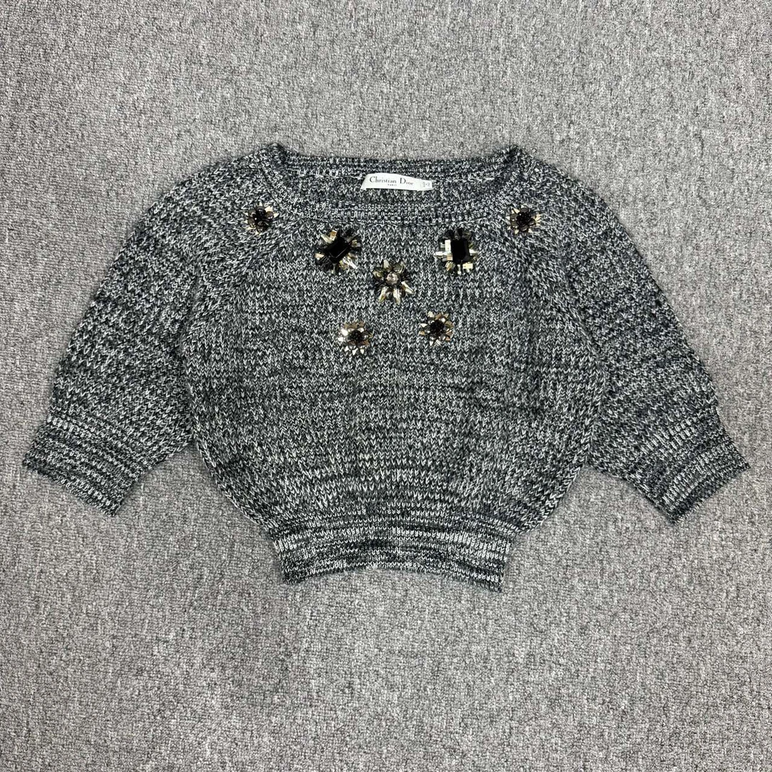 99新 DIOR/迪奥 13307843 nz Dior迪奥灰色针织水钻羊毛上衣 36码