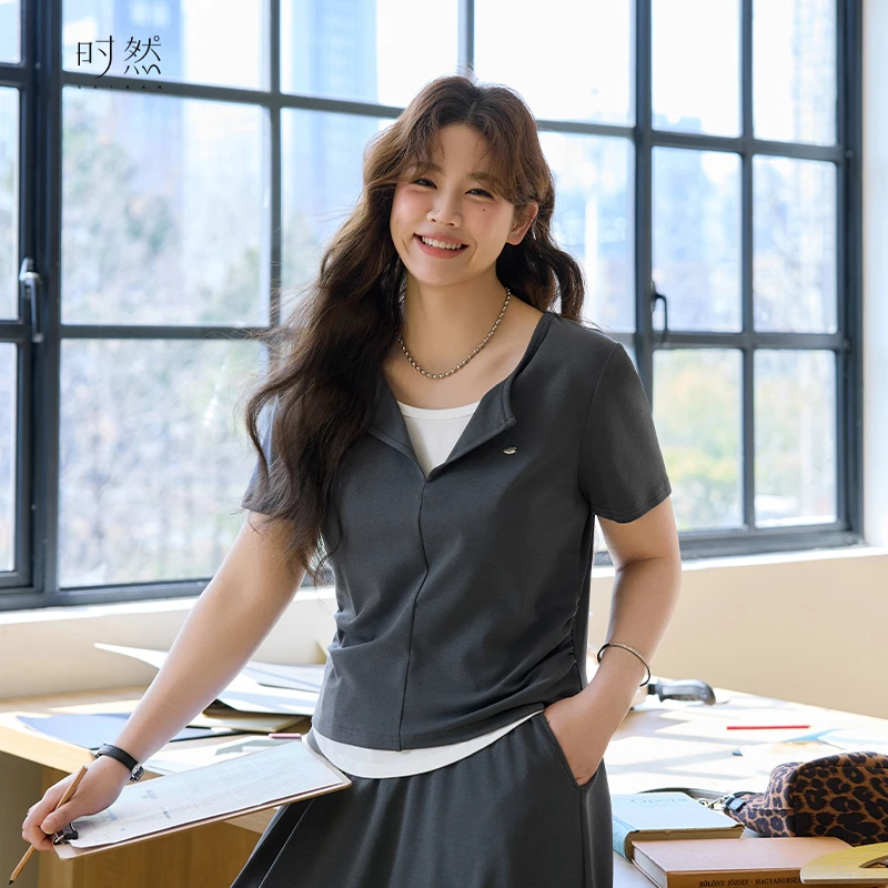 时然【叠影V裳】微胖大码女装假两件百搭T恤夏款韩系显瘦上衣透气