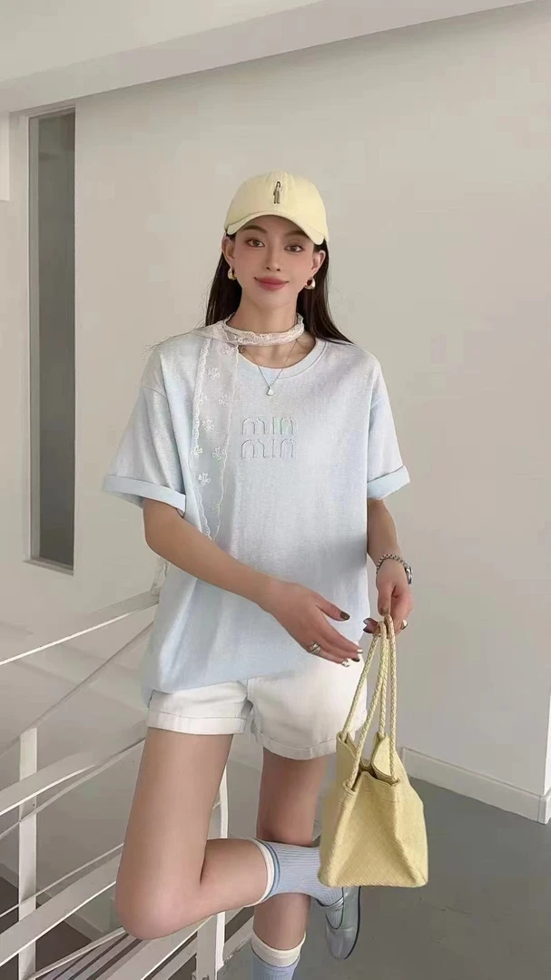MIU缪家刺绣字母网红款女短袖T恤打底衫圆领套头棉上衣韩版百搭
