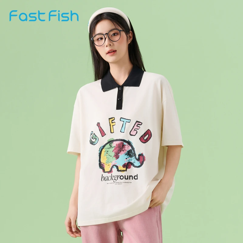 快鱼宽松POLO衫女2024夏季新款趣味涂鸦风印花短袖青春薄款棉上衣