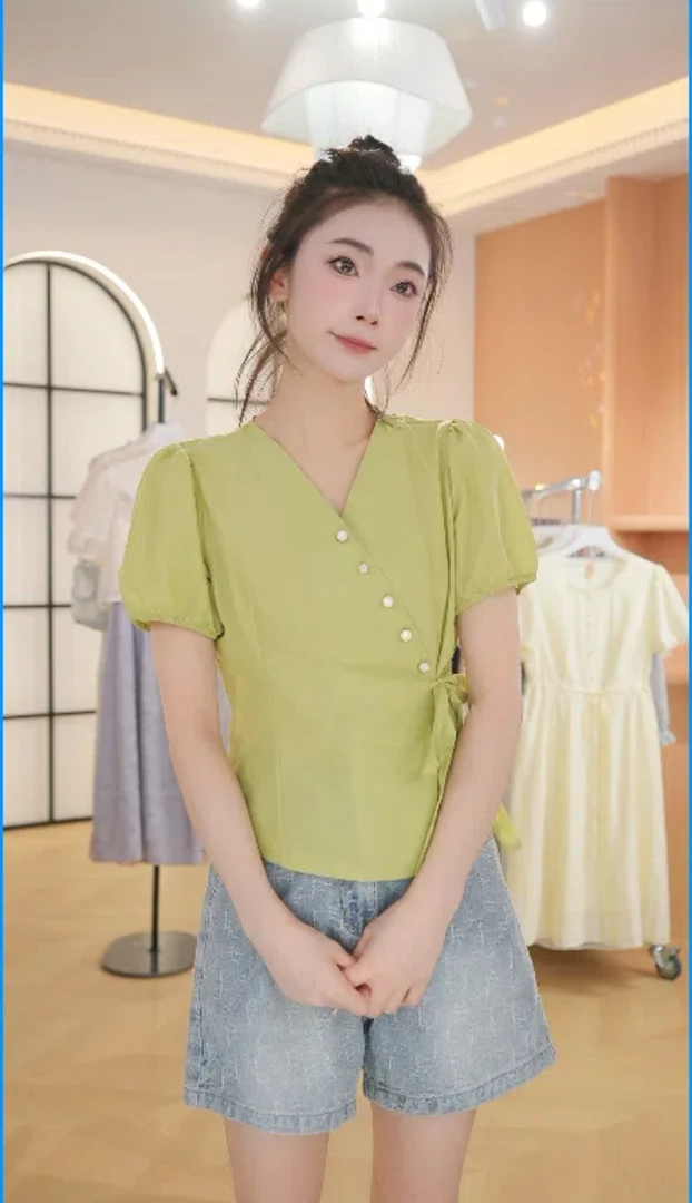 F2921设计感短袖衬衫女夏季新款收腰不规则超好看独特漂亮上衣潮