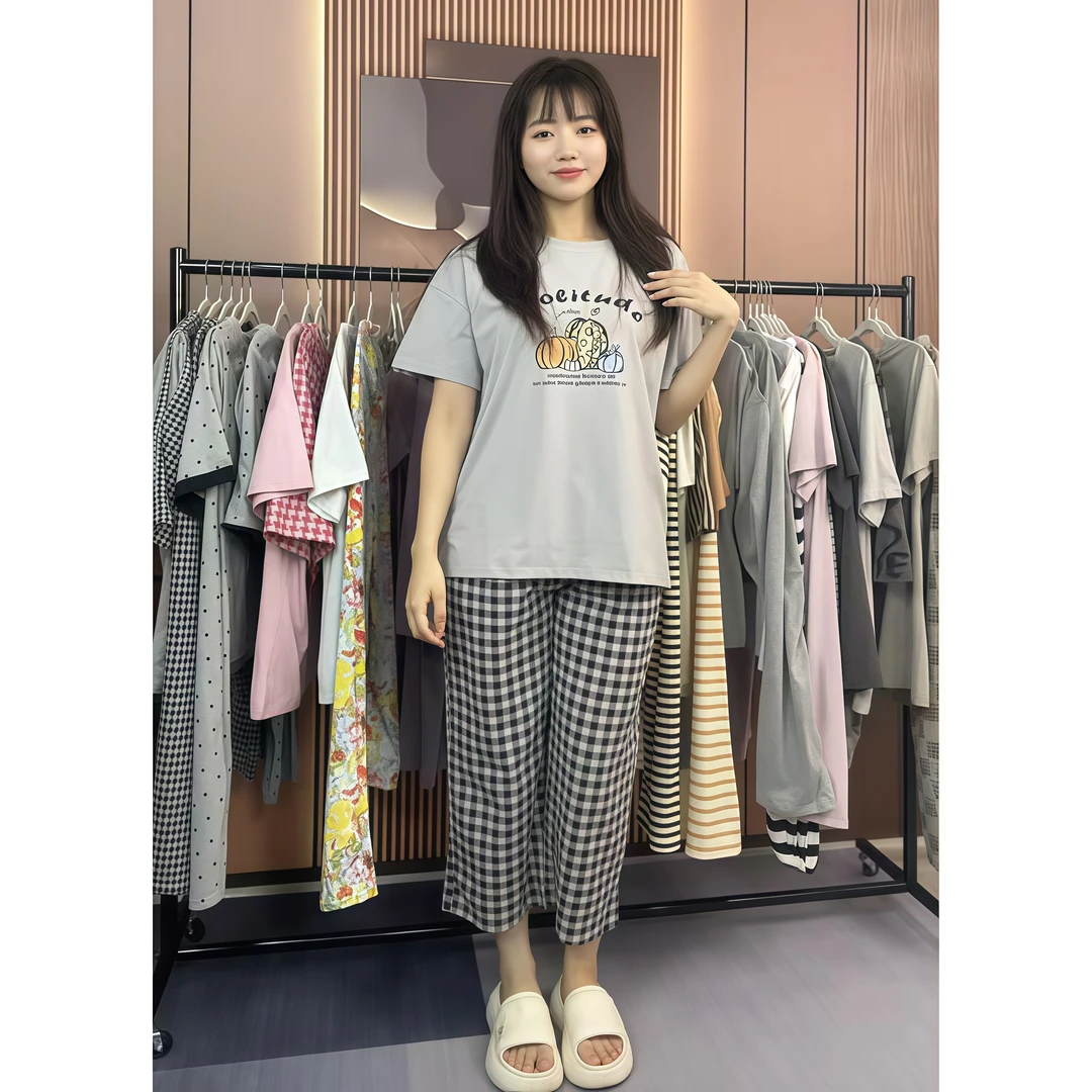 芬亿爽棉夏季短袖宽松家居服睡衣女八分裤带凉感时尚舒适圆领套装