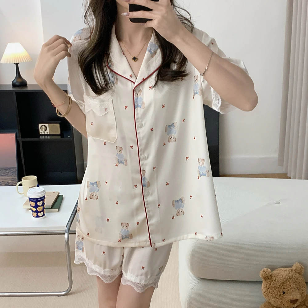 【晚安小熊】短袖冰丝睡衣女士夏季网红宽松韩版甜美卡通家居服套装