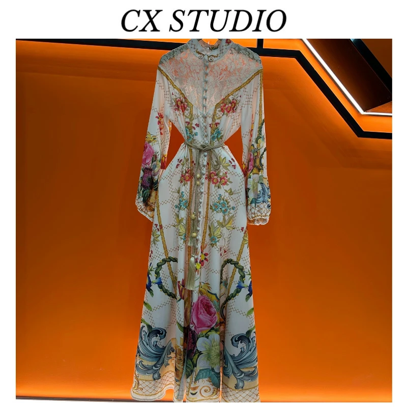 复古宫廷风轻奢高级感印花连衣裙女泡泡袖网纱拼接长裙K6082