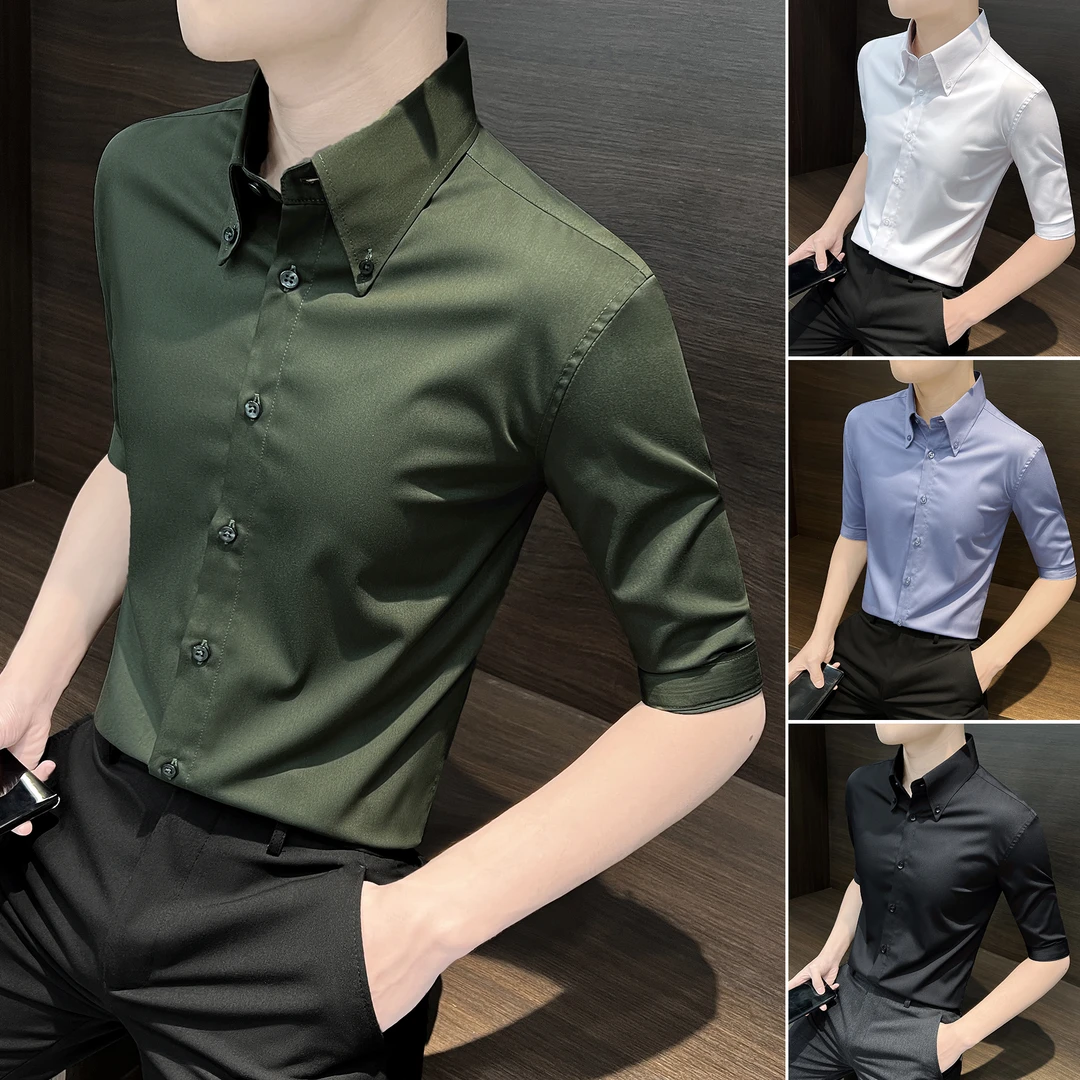 法式大领衬衫男短袖夏季冰丝薄款商务男装纯色修身男士七分袖衬衣