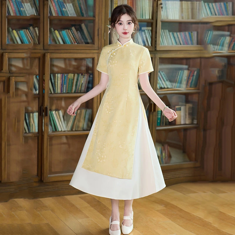 不开叉+通勤可穿+鹅黄色国风新中式奥黛旗袍改良连衣裙D21059
