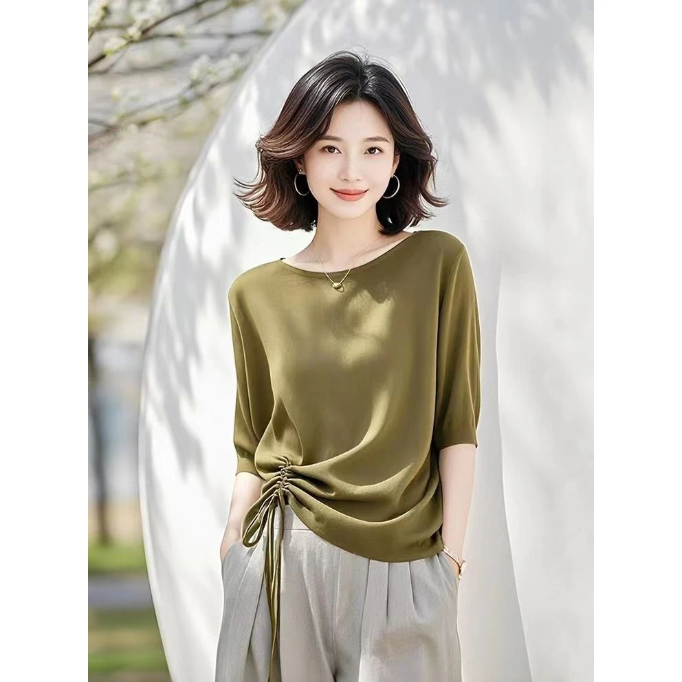 2025夏独特超好看单穿新款韩系设计感橄榄绿短袖t恤宽松显瘦上衣