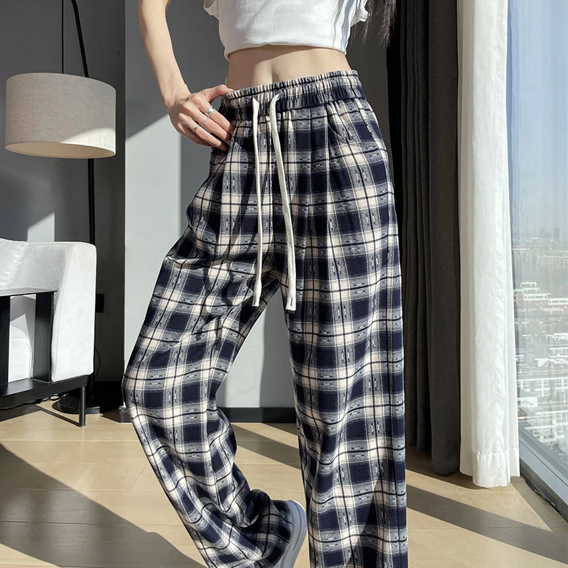 高级感垂感窄版阔腿裤女夏季薄款冰丝格子高腰大码裤拖地2025新款