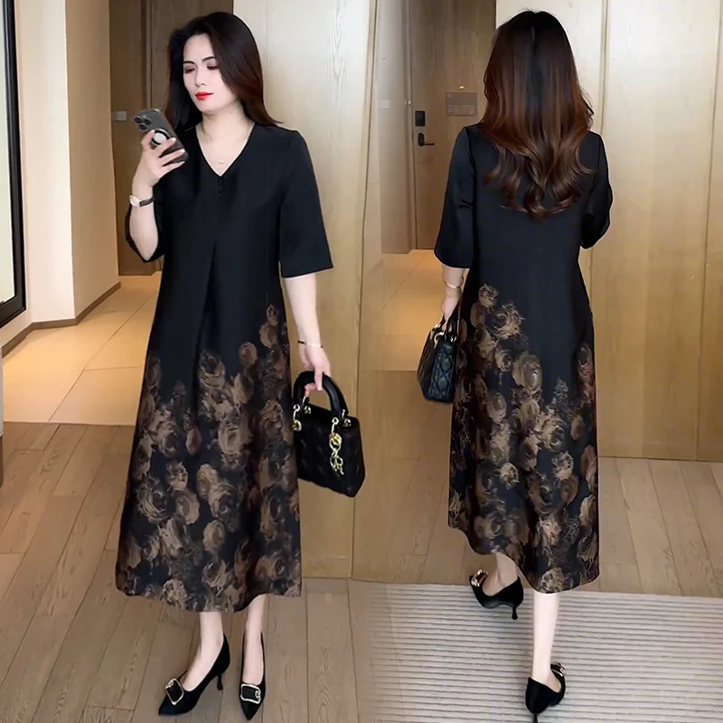 时尚连衣裙女2025夏季新款国风定位花大码遮肚显瘦长裙中袖裙子潮