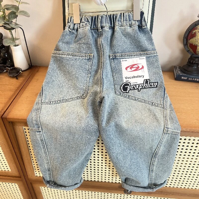 男童拼接牛仔裤春秋款2025新款儿童裤子中大童春装男孩直筒长裤潮