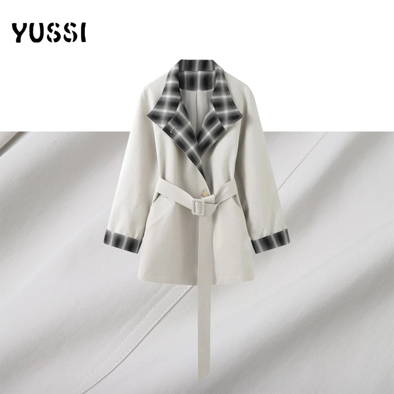 YUSSI【香榭丽舍】高级感米杏色格纹拼接短款气质收腰风衣短外套女