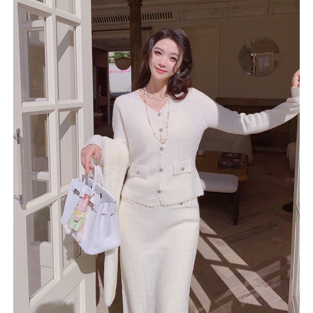 MissLuxury【致敬小香】羊毛羊绒精致套装女白色名媛风气质新款
