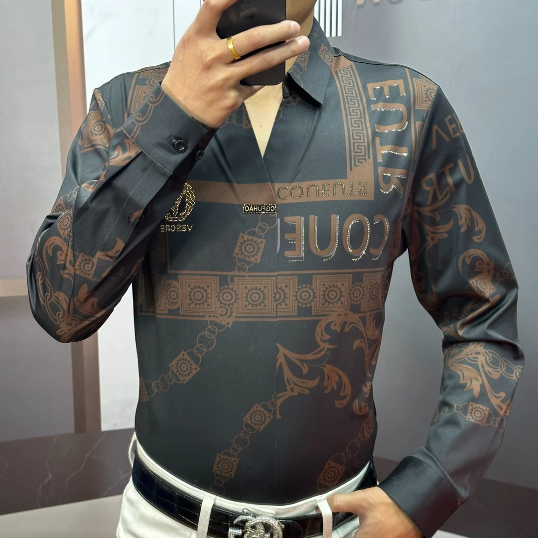 法拉盾甄选新款免烫弹力时尚欧货重工印花烫钻春长袖衬衣23118V