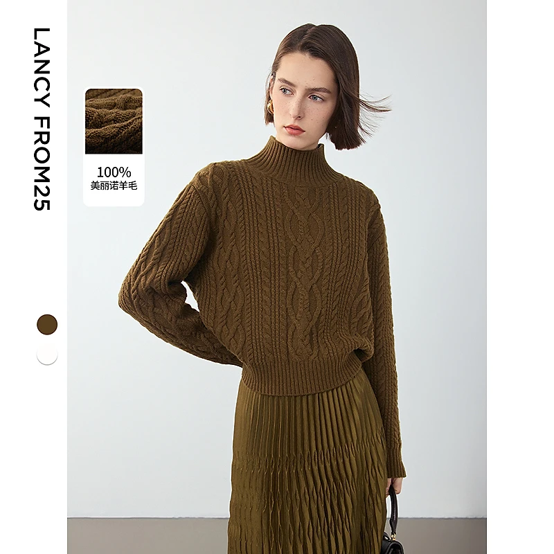 朗姿纯羊毛复古绞花设计感气质毛衣女上衣2024年冬季新款毛针织衫