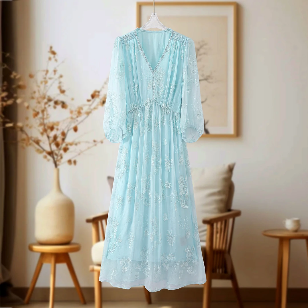 “浅蓝刺绣”重工刺绣6A真丝100%桑蚕丝气质减龄显瘦女士连衣裙C296