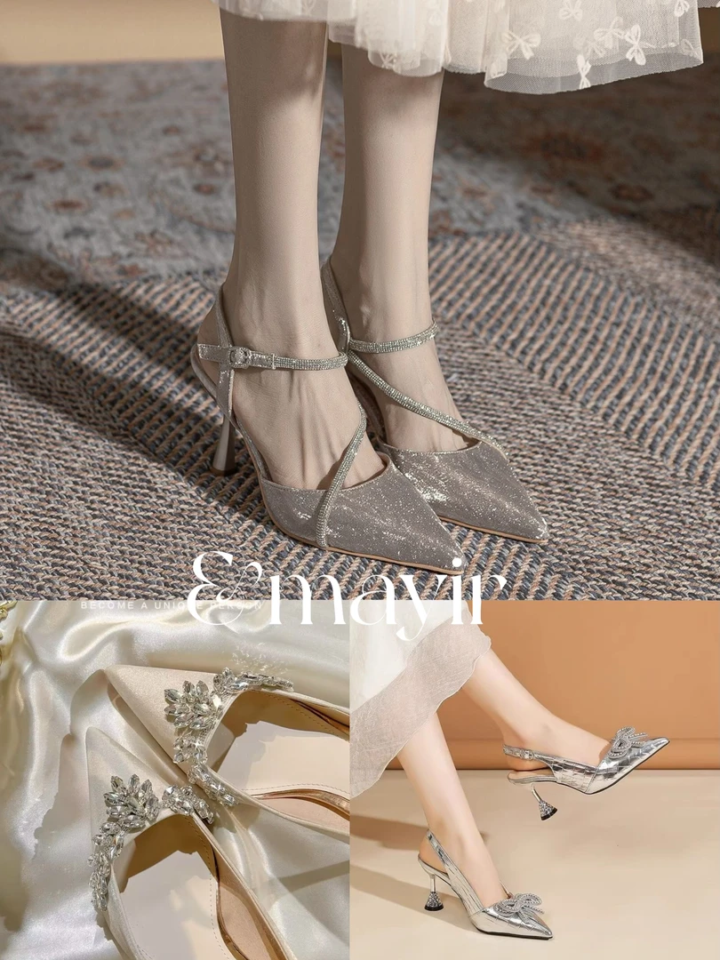 2025年新款高跟女鞋时尚夏季凉鞋气质低跟粗跟尖头水晶钻仙女单鞋