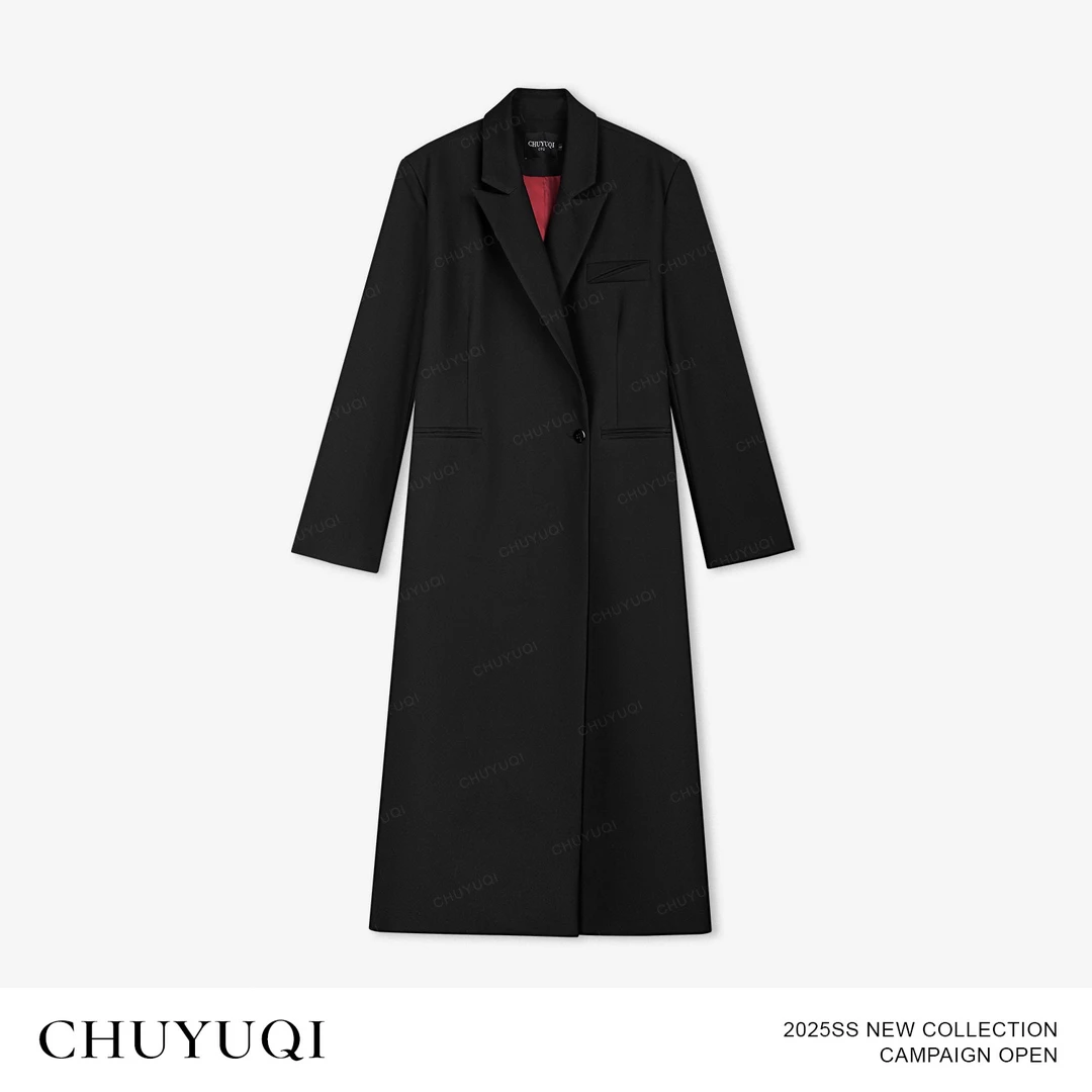 CHUYUQI D勃艮大衣 深沉高级气场黑色红内衬大衣宽松长款西装外套