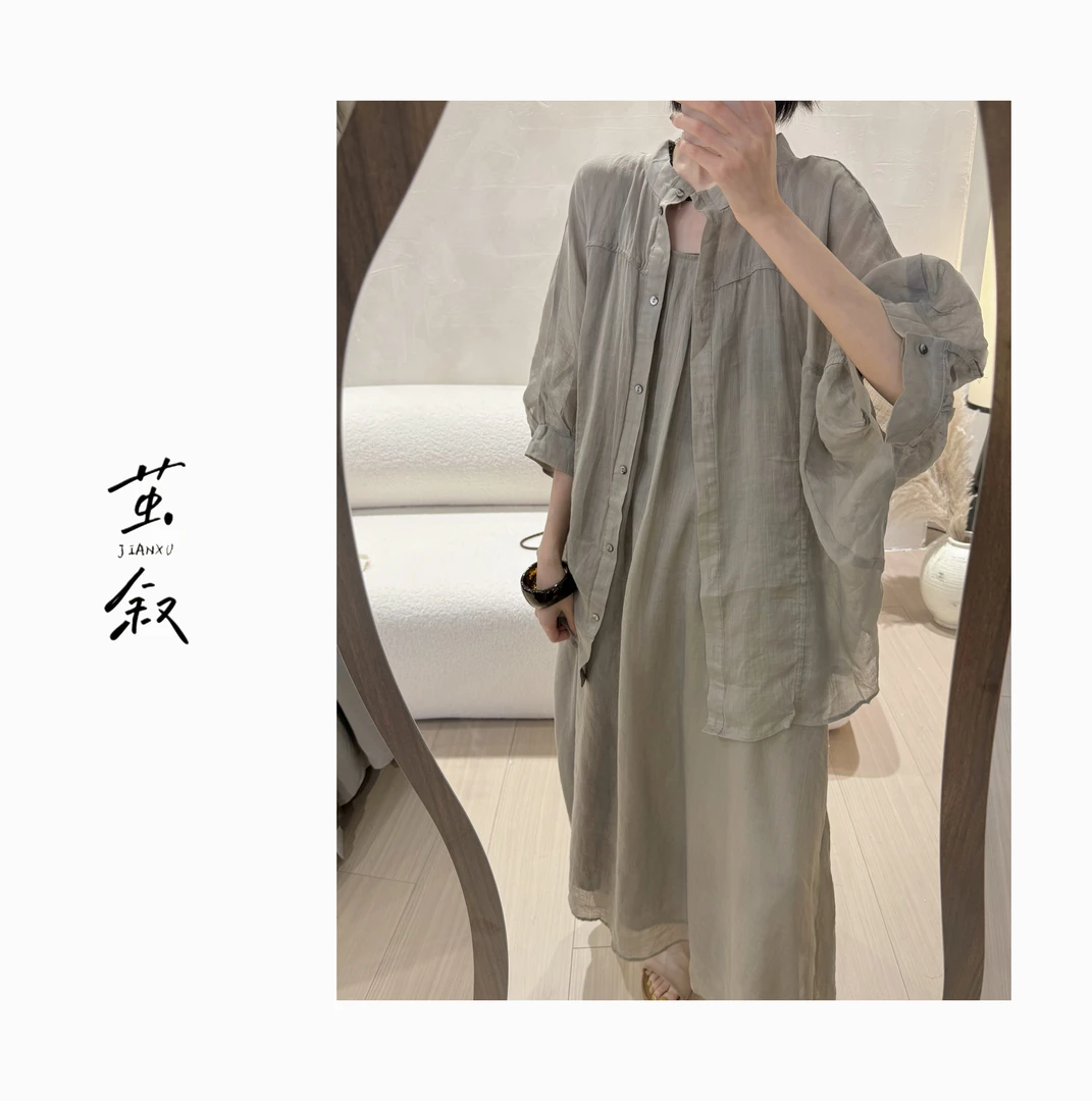 JIAN.XU宽松版通勤苎麻纯色拼接衬衫