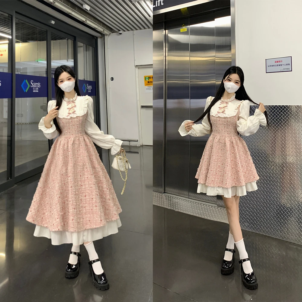 千金减龄感小香风粗呢绣花假两件连衣裙秋冬季