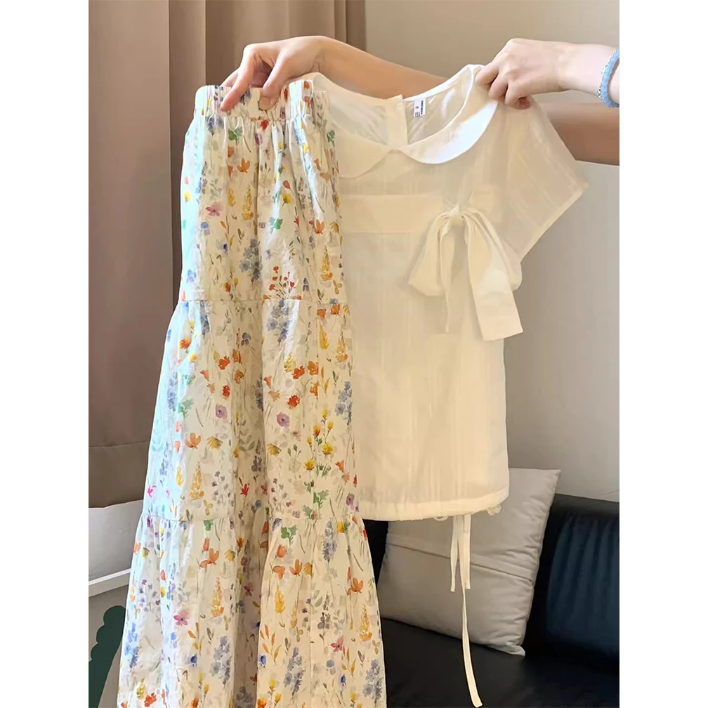 2025夏季新款独特漂亮套装蝴蝶结系带短袖衬衫碎花半身裙子两件套