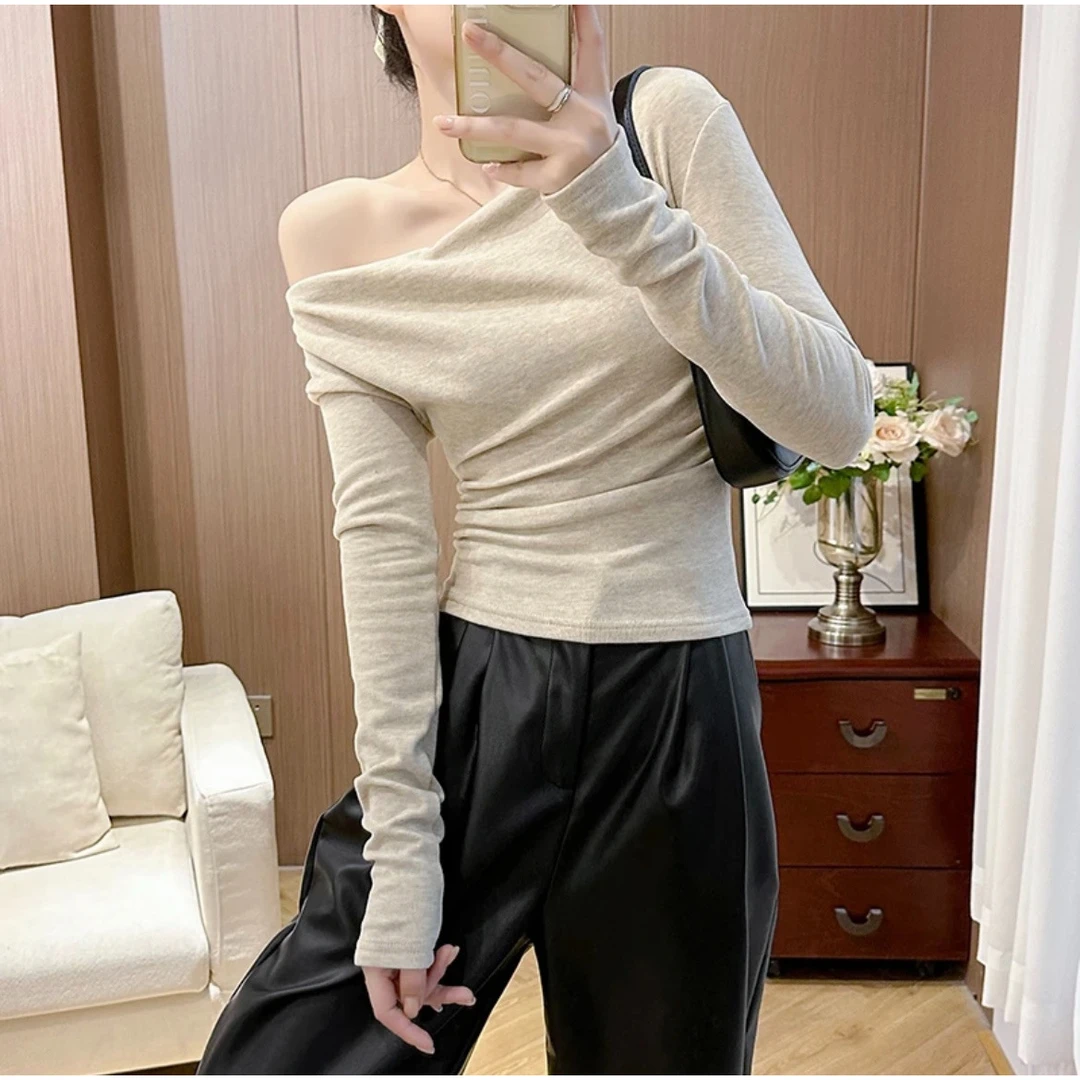 法式纯欲多种穿法上衣女秋冬针内搭加绒底衫露肩收腰短款长袖恤