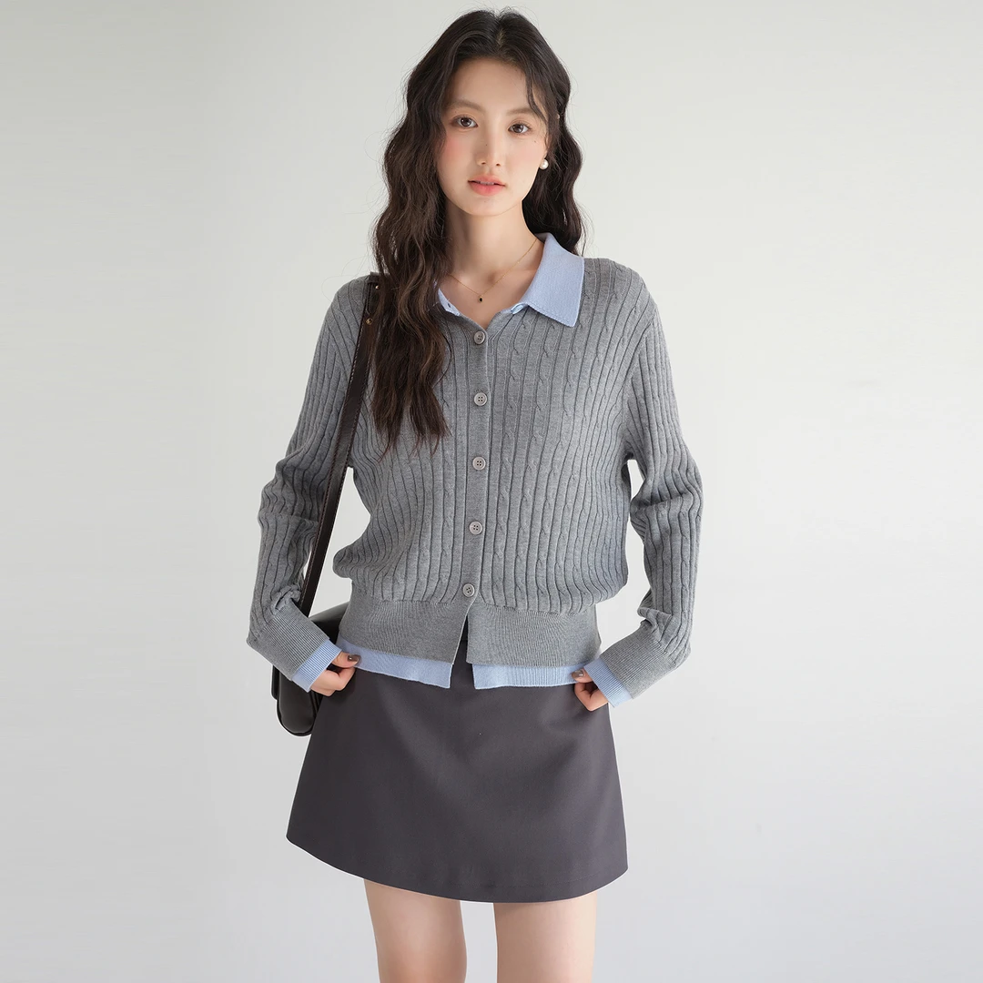 【学院风绞花针织开衫】蓝若水大码春新款设计感假两件毛衣87651