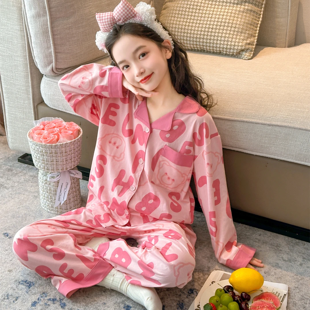 纯棉睡衣女童可爱卡通秋季新款大童长袖家居服套装258101