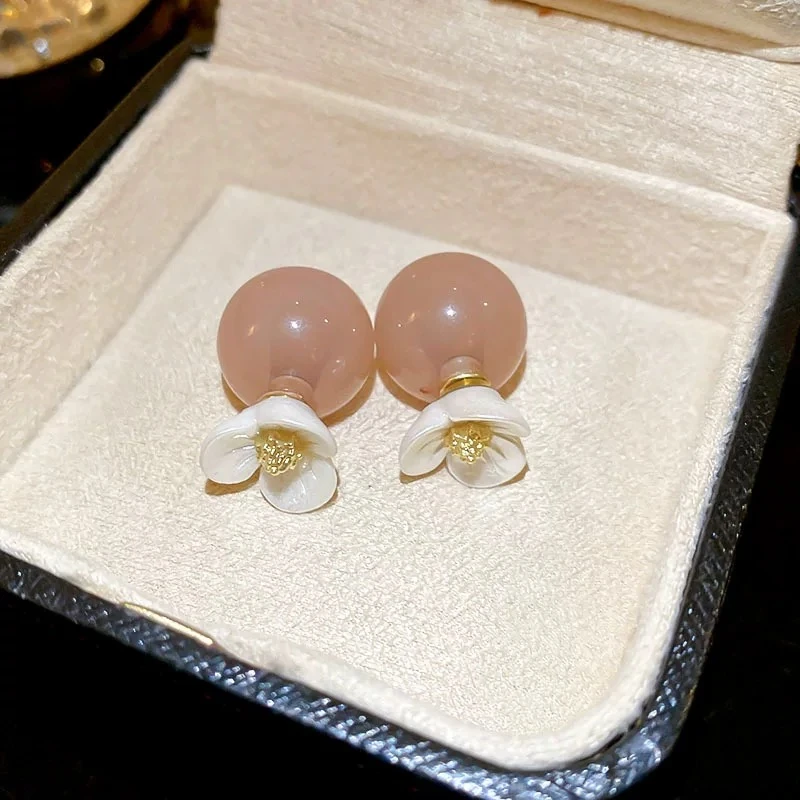 铜合金耳饰 复古花朵树脂圆珠几何耳钉简约小众一款两戴气N2327
