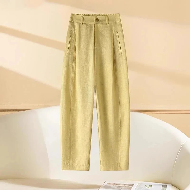 黄色天丝亚麻哈伦裤女2025夏季薄款新款云柔冰氧裤棉麻冰丝九分裤
