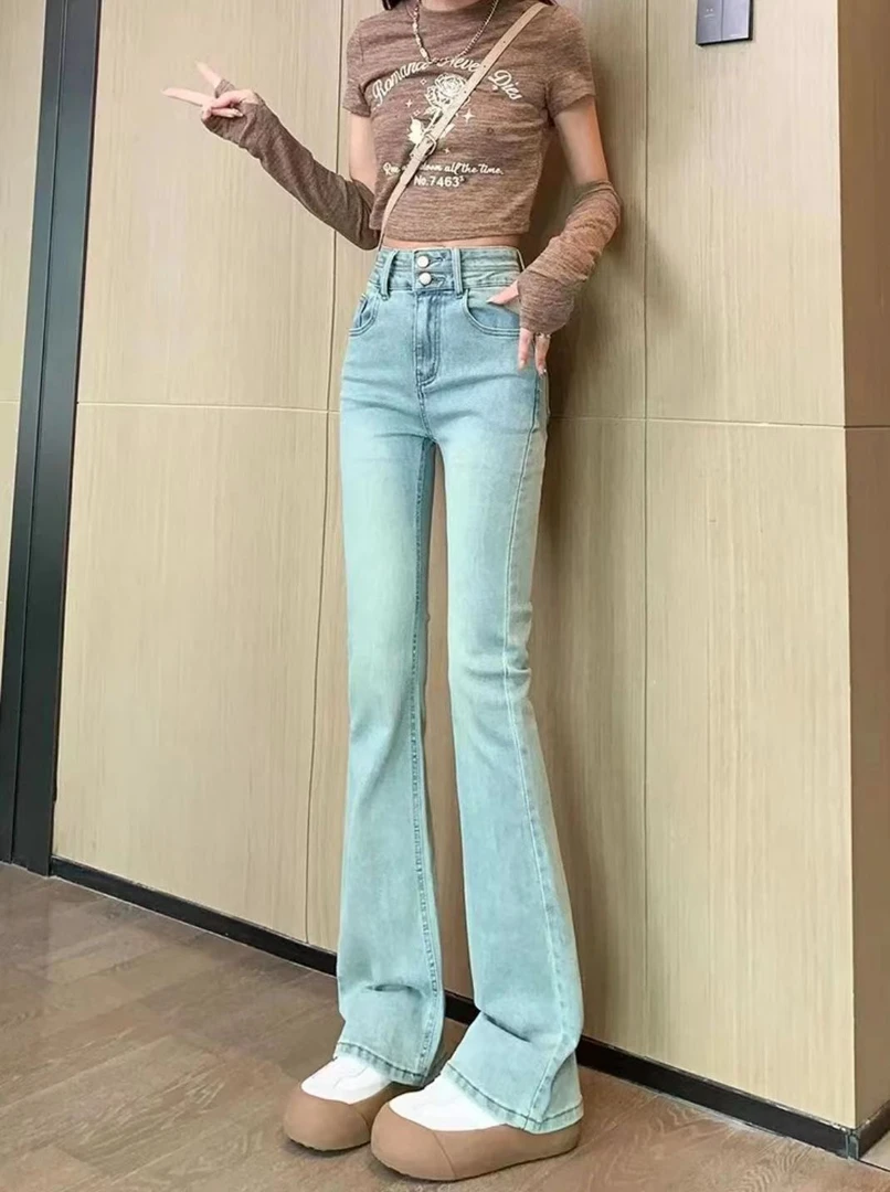 【舟】【梅梅】新款夏季高腰休闲百搭微喇叭修身时尚牛仔裤