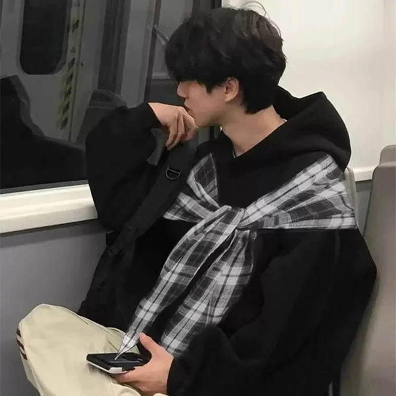 WASSUP dream设计感连帽卫衣男春秋新款格纹蝴蝶结宽松慵懒风上衣