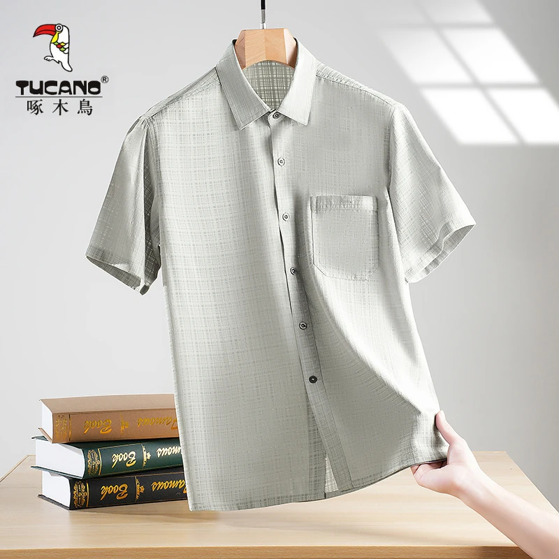啄木鸟爸爸装薄款衬衫中老年人透气上衣中年冰丝短袖男士宽松衬衣
