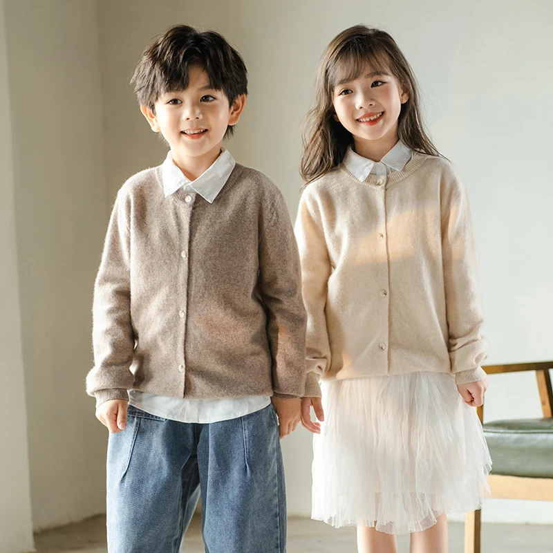 儿童羊毛衫圆领男女针织开衫秋冬款100%纯羊毛外套中大童外搭毛衣