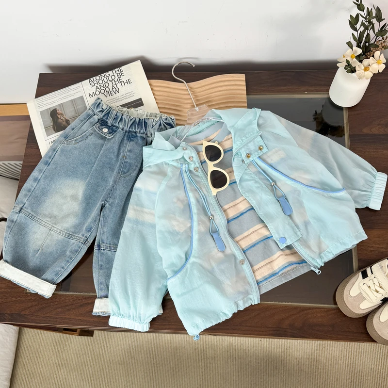 【米佑】2025年新款儿童短袖时尚夏季防晒衣穿搭牛仔裤套装WQ171