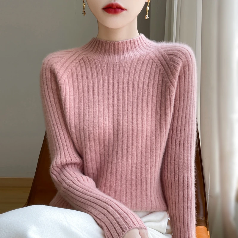 【视频同款】竖坑条半高领加厚修身保暖100羊毛衫七针厚款女冬毛衣