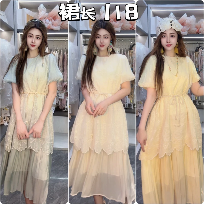 【云辞竹林】63147刺绣方格灯笼袖假两件大码胖MM连衣裙配腰带