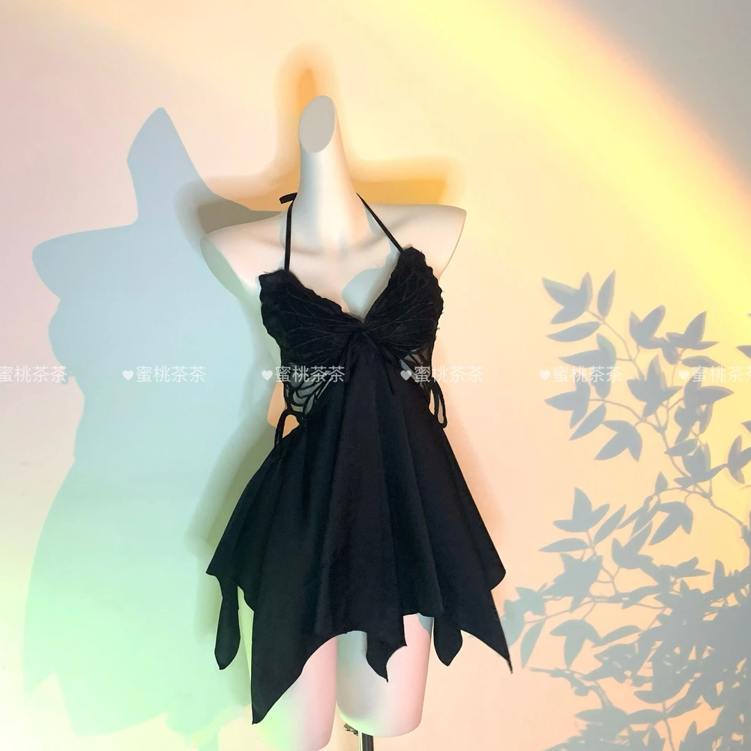 暗夜【蜜桃茶茶】小众性感纯欲火辣蝴蝶吊带冰丝睡裙加胸垫塑身显瘦
