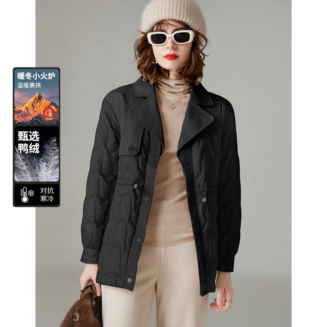 白鹿语冬气质抽绳不对称挡风片保暖时尚西服领加厚羽绒服HX10163