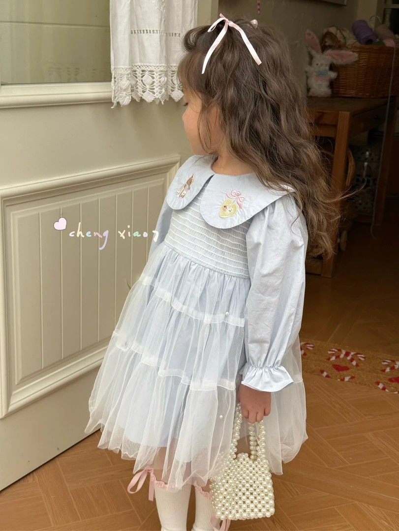 橙小七2025春新款女童小童韩版娃娃领公主裙网纱裙珍珠装饰连衣裙