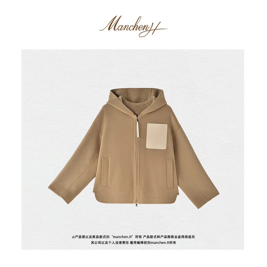 曼辰manchenh"连帽日记"重磅散毛染色双面呢拼牛皮口袋连帽外套