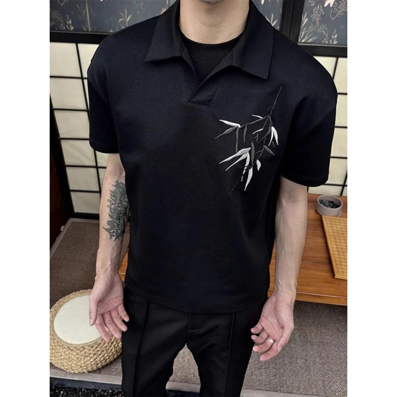 新中式重工竹叶刺绣polo领短袖t恤男夏季国风潮牌宽松痞帅五分袖